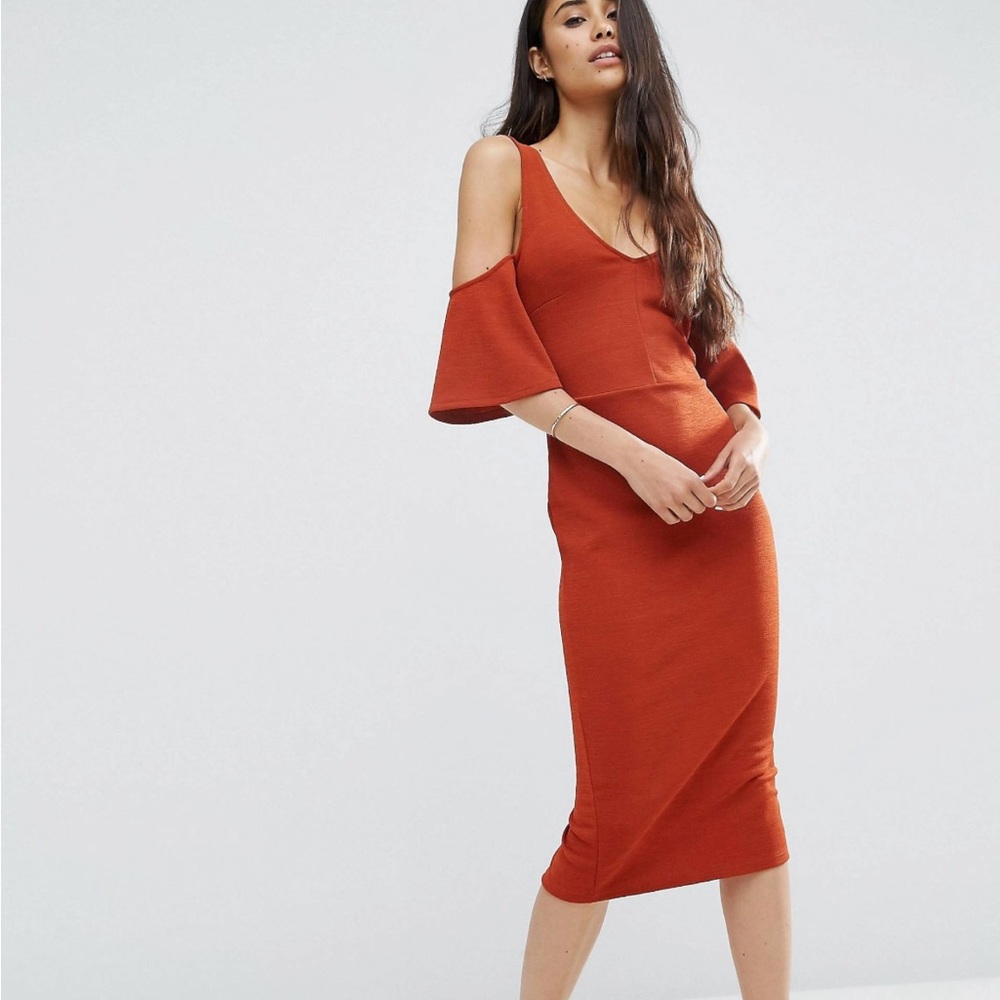 ASOS burnt orange cold shoulder midi dress